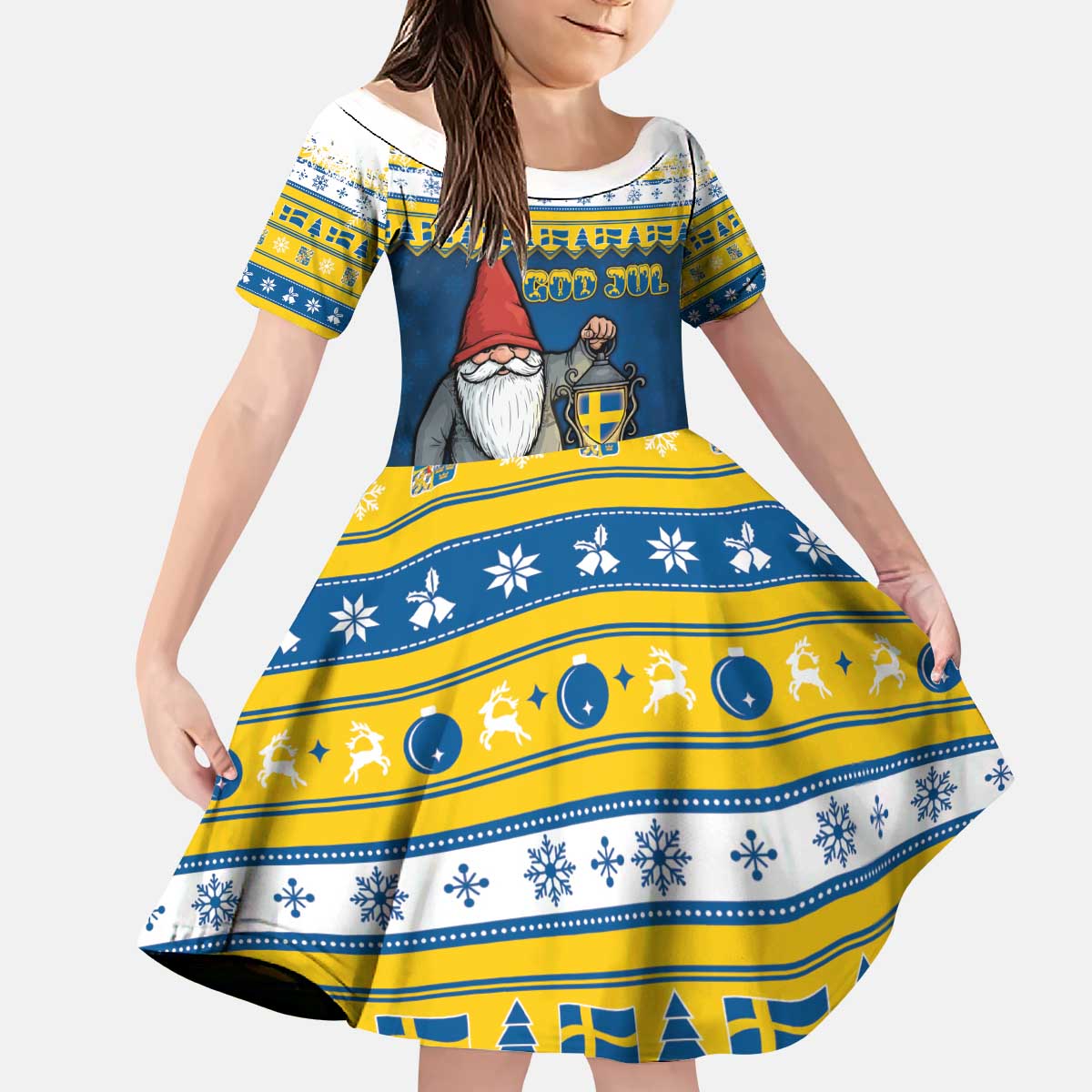 Sweden Christmas Kid Short Sleeve Dress Tomte God Jul - Wonder Print Shop