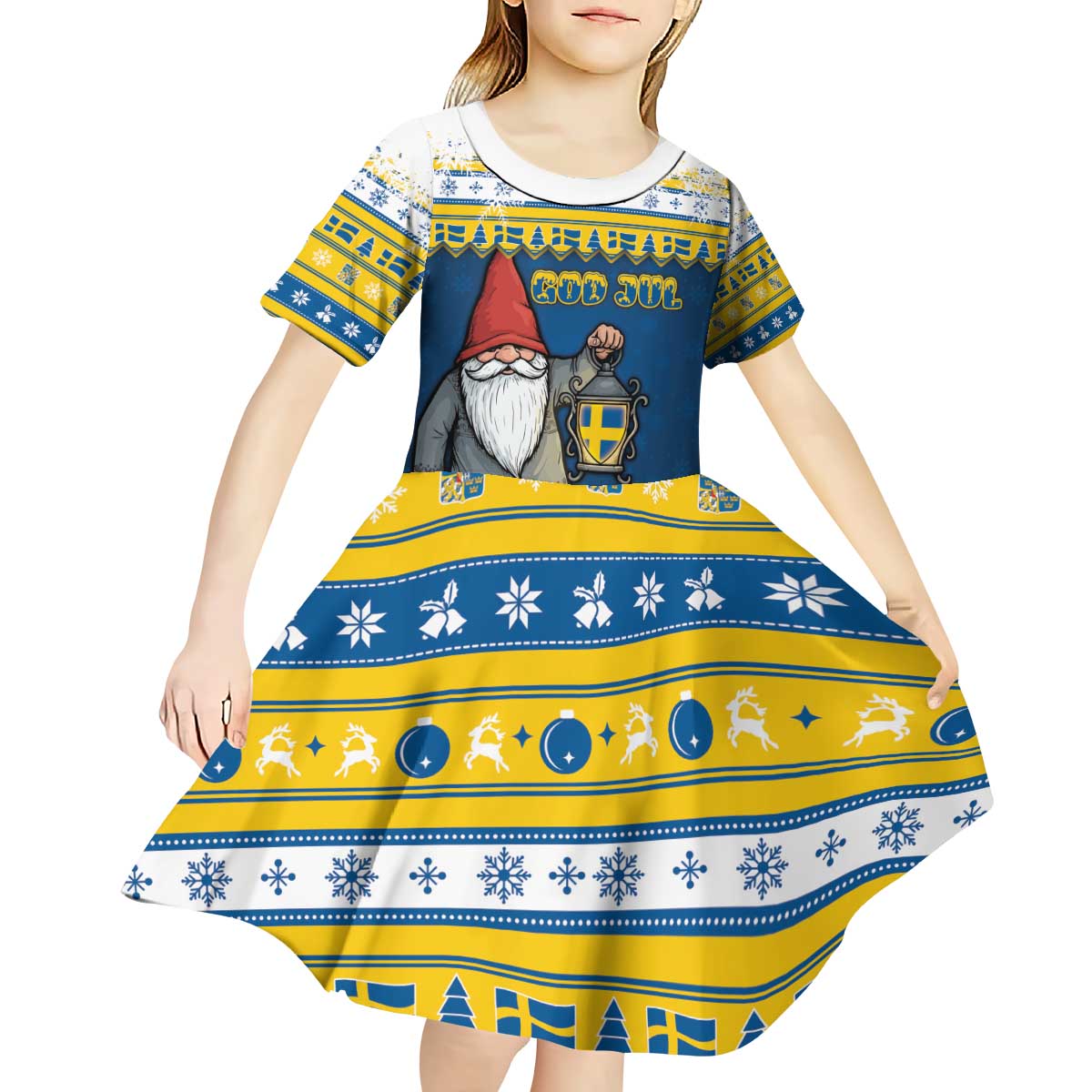 Sweden Christmas Kid Short Sleeve Dress Tomte God Jul - Wonder Print Shop