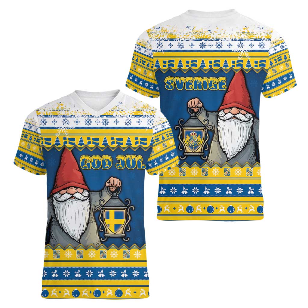 Sweden Christmas Women V-Neck T-Shirt Tomte God Jul - Wonder Print Shop
