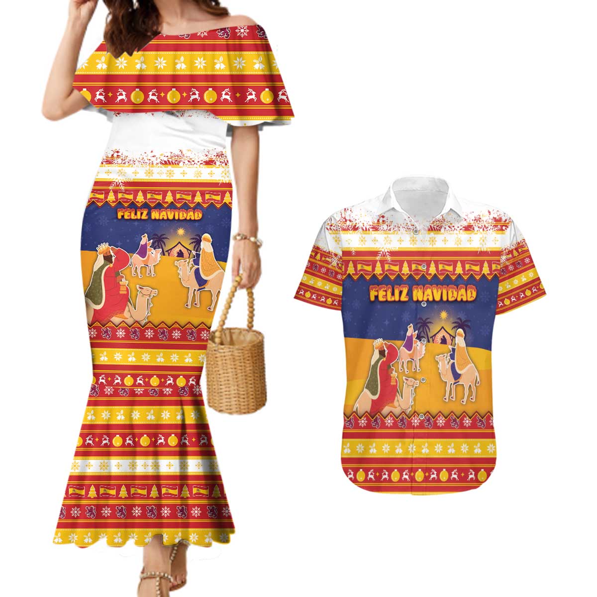 Spain Christmas Couples Matching Mermaid Dress and Hawaiian Shirt Los Reyes Magos - Wonder Print Shop