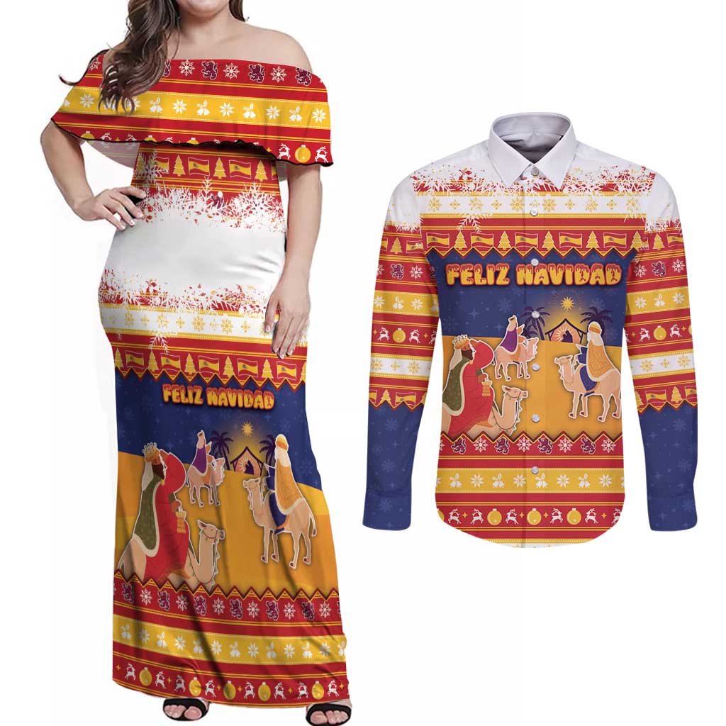 Spain Christmas Couples Matching Off Shoulder Maxi Dress and Long Sleeve Button Shirt Los Reyes Magos - Wonder Print Shop