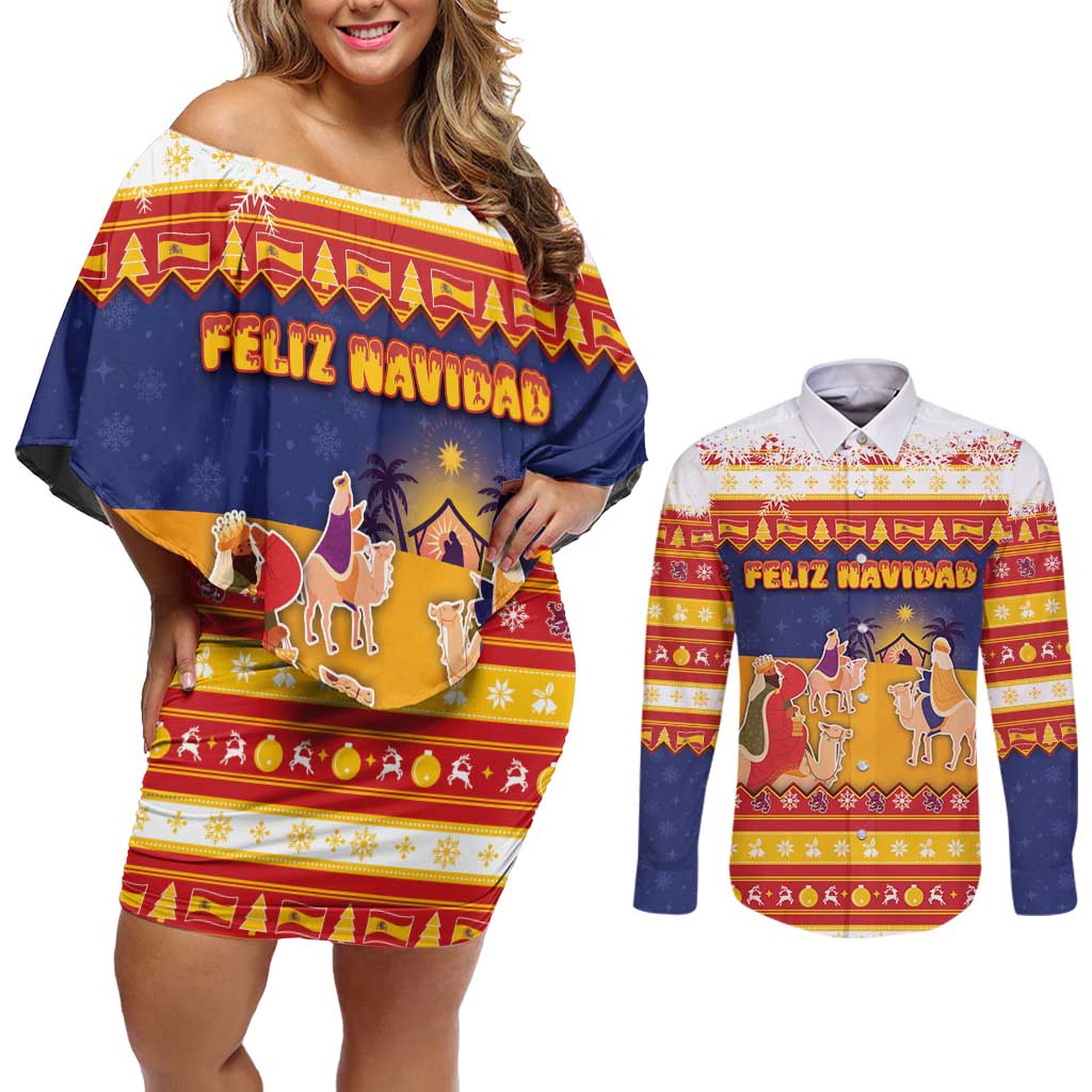 Spain Christmas Couples Matching Off Shoulder Short Dress and Long Sleeve Button Shirt Los Reyes Magos - Wonder Print Shop