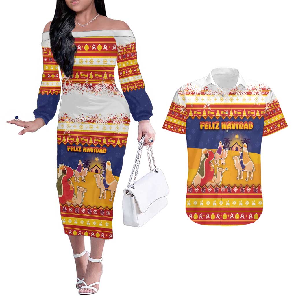 Spain Christmas Couples Matching Off The Shoulder Long Sleeve Dress and Hawaiian Shirt Los Reyes Magos - Wonder Print Shop