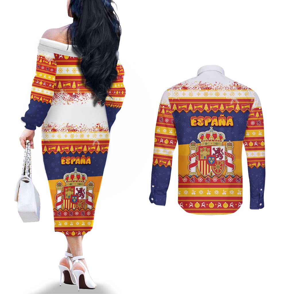 Spain Christmas Couples Matching Off The Shoulder Long Sleeve Dress and Long Sleeve Button Shirt Los Reyes Magos - Wonder Print Shop