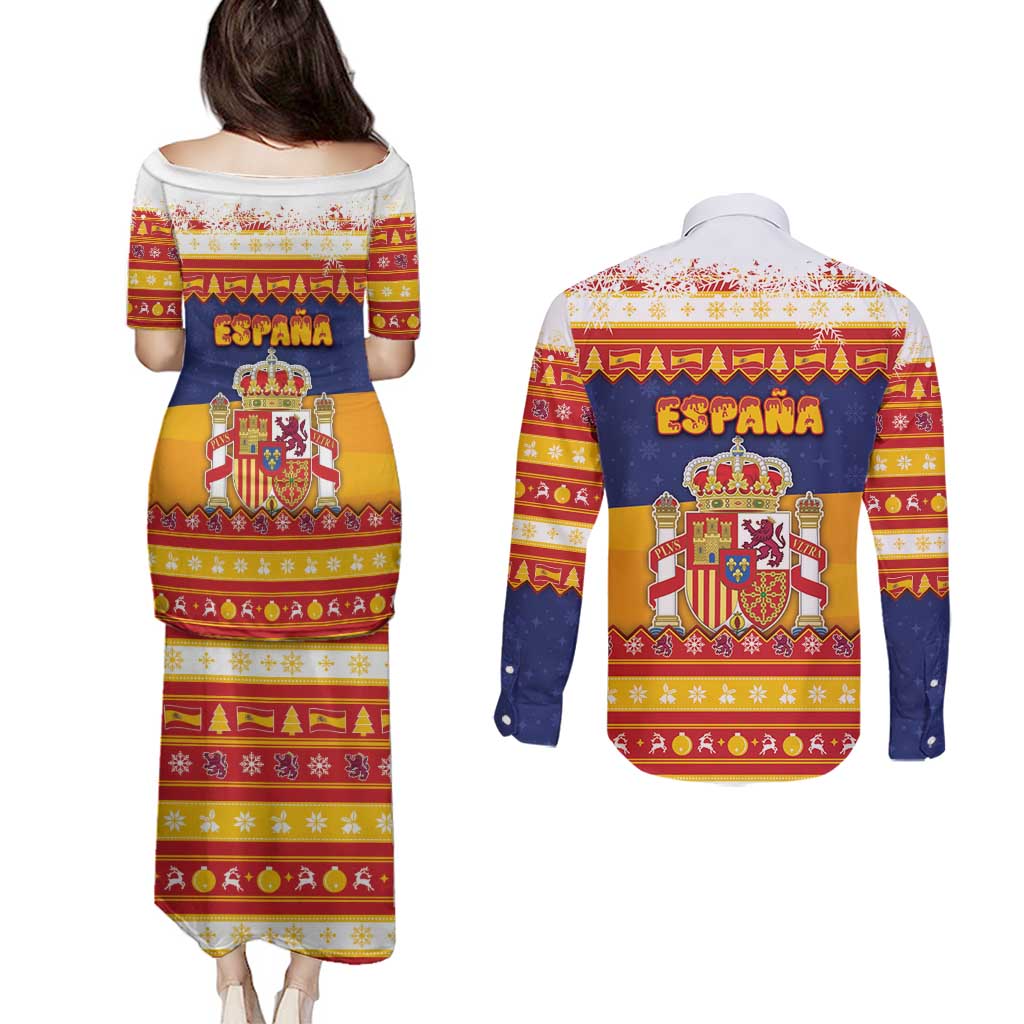 Spain Christmas Couples Matching Puletasi and Long Sleeve Button Shirt Los Reyes Magos - Wonder Print Shop