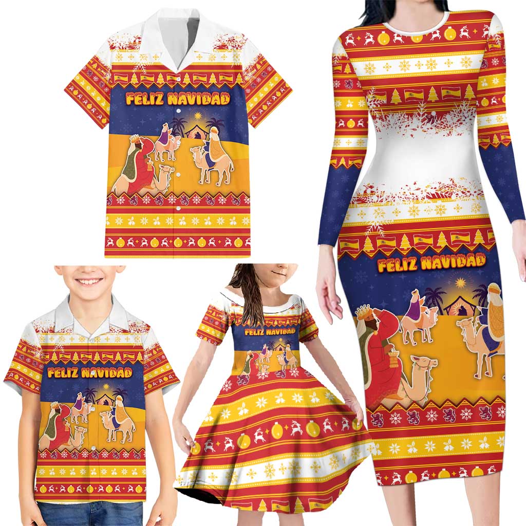 Spain Christmas Family Matching Long Sleeve Bodycon Dress and Hawaiian Shirt Los Reyes Magos - Wonder Print Shop