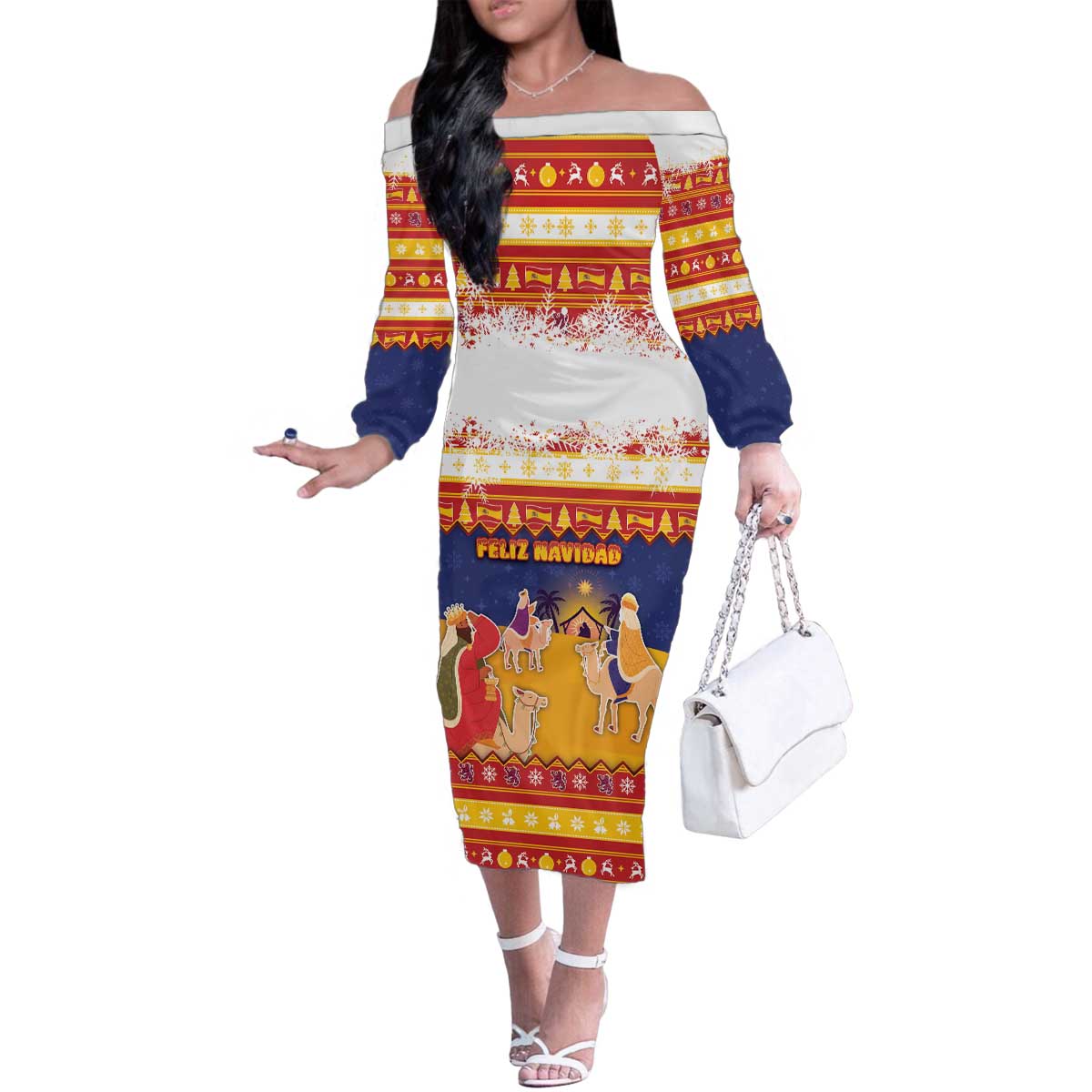 Spain Christmas Family Matching Off The Shoulder Long Sleeve Dress and Hawaiian Shirt Los Reyes Magos - Wonder Print Shop