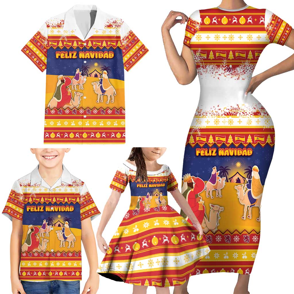 Spain Christmas Family Matching Short Sleeve Bodycon Dress and Hawaiian Shirt Los Reyes Magos - Wonder Print Shop