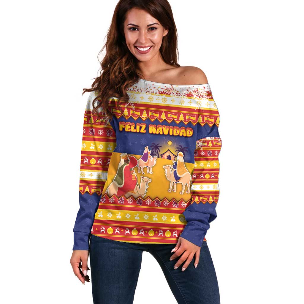 Spain Christmas Off Shoulder Sweater Los Reyes Magos - Wonder Print Shop