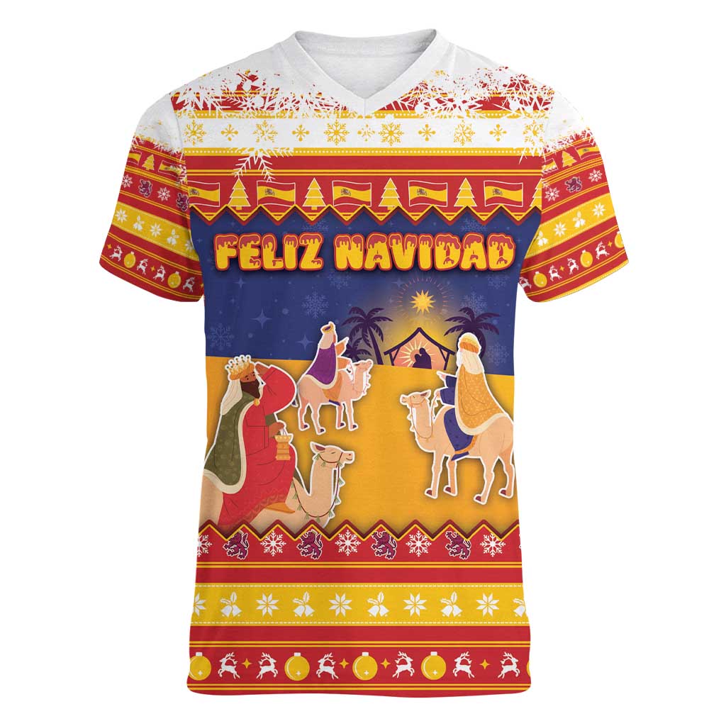 Spain Christmas Women V-Neck T-Shirt Los Reyes Magos - Wonder Print Shop