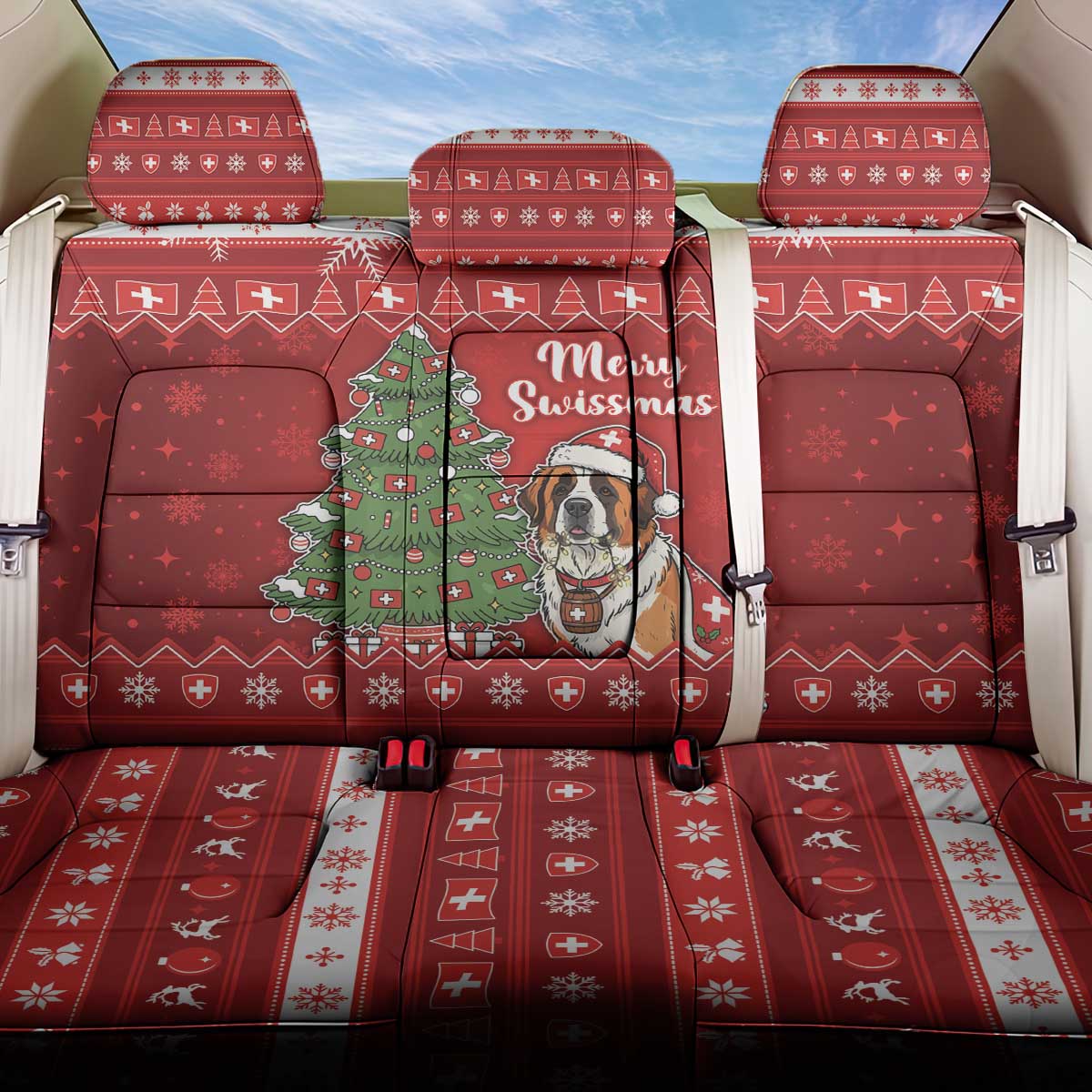 Switzerland Christmas Back Car Seat Cover Saint Bernard Merry Swissmas - Wonder Print Shop