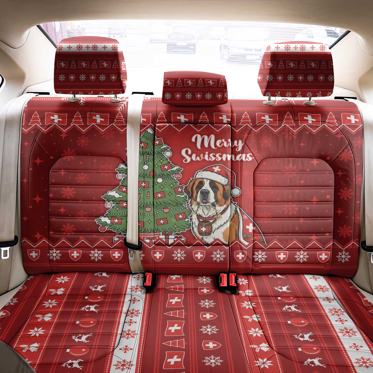 Switzerland Christmas Back Car Seat Cover Saint Bernard Merry Swissmas - Wonder Print Shop