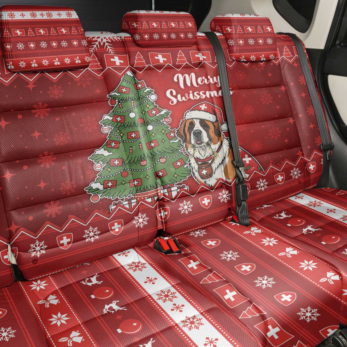 Switzerland Christmas Back Car Seat Cover Saint Bernard Merry Swissmas - Wonder Print Shop
