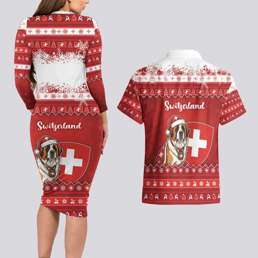 Switzerland Christmas Couples Matching Long Sleeve Bodycon Dress and Hawaiian Shirt Saint Bernard Merry Swissmas - Wonder Print Shop