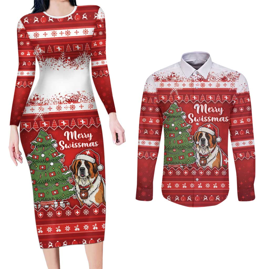 Switzerland Christmas Couples Matching Long Sleeve Bodycon Dress and Long Sleeve Button Shirt Saint Bernard Merry Swissmas - Wonder Print Shop