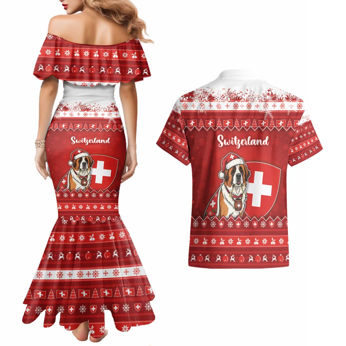 Switzerland Christmas Couples Matching Mermaid Dress and Hawaiian Shirt Saint Bernard Merry Swissmas - Wonder Print Shop
