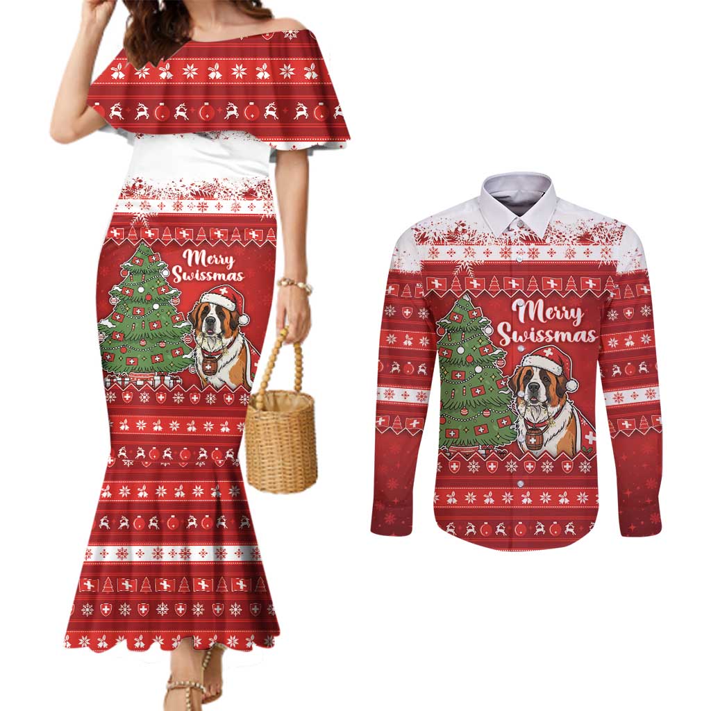 Switzerland Christmas Couples Matching Mermaid Dress and Long Sleeve Button Shirt Saint Bernard Merry Swissmas - Wonder Print Shop