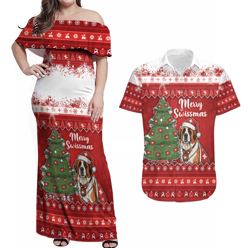 Switzerland Christmas Couples Matching Off Shoulder Maxi Dress and Hawaiian Shirt Saint Bernard Merry Swissmas - Wonder Print Shop