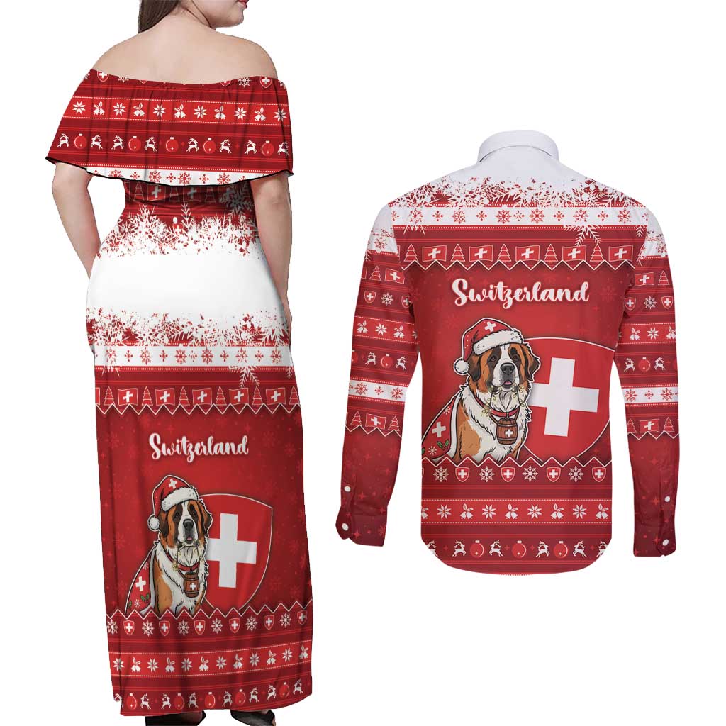 Switzerland Christmas Couples Matching Off Shoulder Maxi Dress and Long Sleeve Button Shirt Saint Bernard Merry Swissmas - Wonder Print Shop