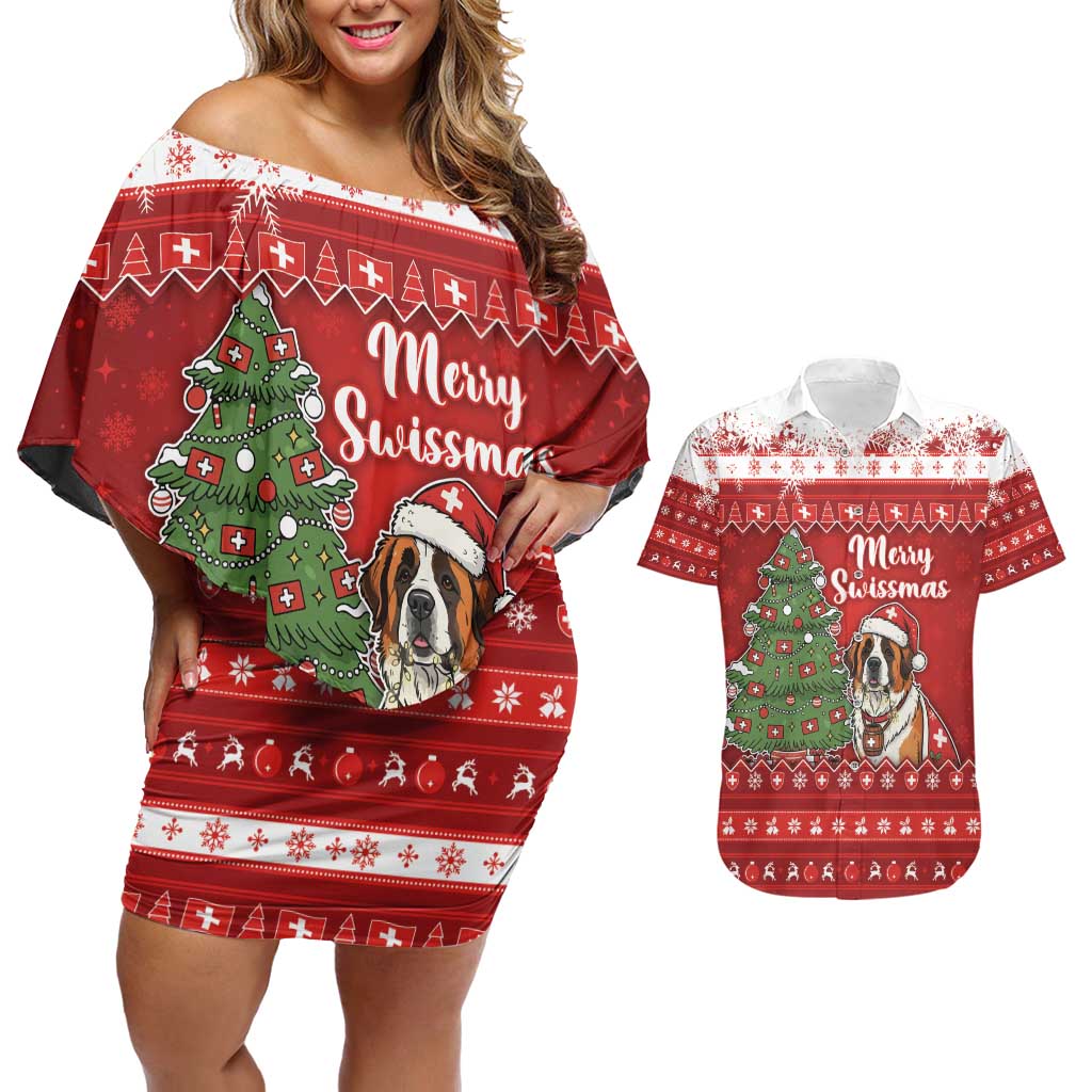 Switzerland Christmas Couples Matching Off Shoulder Short Dress and Hawaiian Shirt Saint Bernard Merry Swissmas - Wonder Print Shop