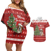 Switzerland Christmas Couples Matching Off Shoulder Short Dress and Hawaiian Shirt Saint Bernard Merry Swissmas - Wonder Print Shop