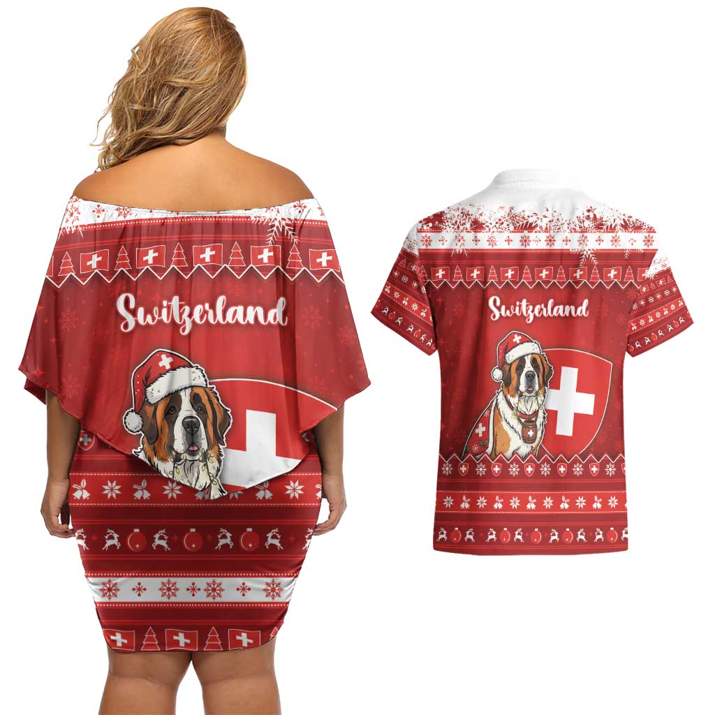 Switzerland Christmas Couples Matching Off Shoulder Short Dress and Hawaiian Shirt Saint Bernard Merry Swissmas - Wonder Print Shop