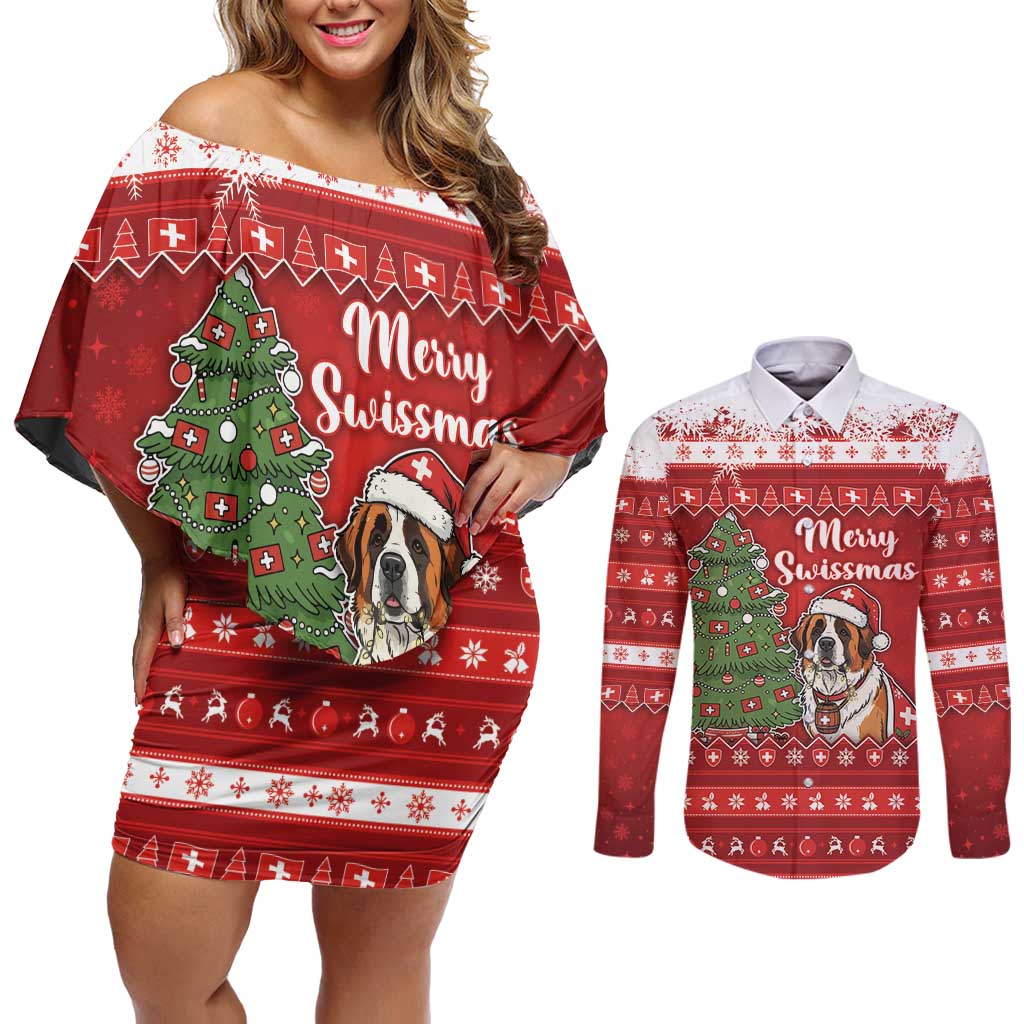 Switzerland Christmas Couples Matching Off Shoulder Short Dress and Long Sleeve Button Shirt Saint Bernard Merry Swissmas - Wonder Print Shop