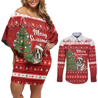 Switzerland Christmas Couples Matching Off Shoulder Short Dress and Long Sleeve Button Shirt Saint Bernard Merry Swissmas - Wonder Print Shop