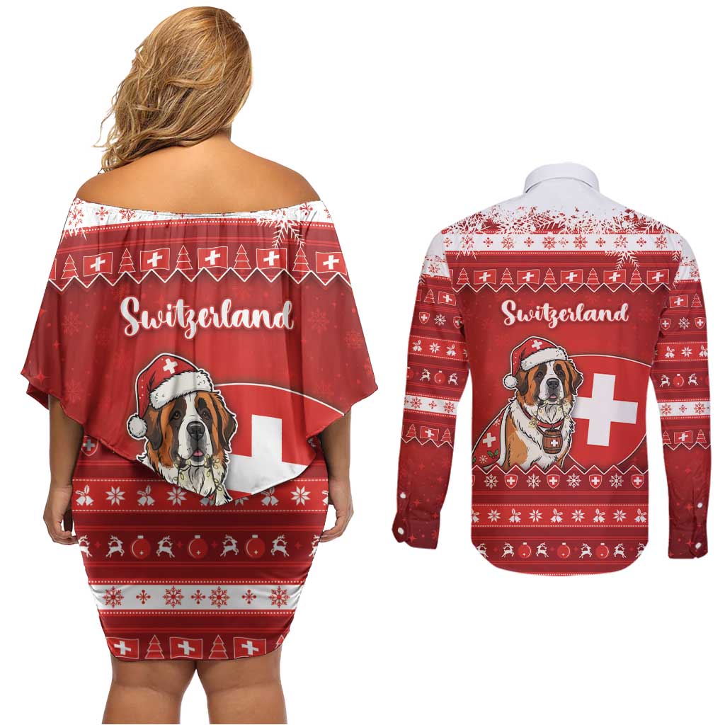 Switzerland Christmas Couples Matching Off Shoulder Short Dress and Long Sleeve Button Shirt Saint Bernard Merry Swissmas - Wonder Print Shop
