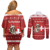Switzerland Christmas Couples Matching Off Shoulder Short Dress and Long Sleeve Button Shirt Saint Bernard Merry Swissmas - Wonder Print Shop