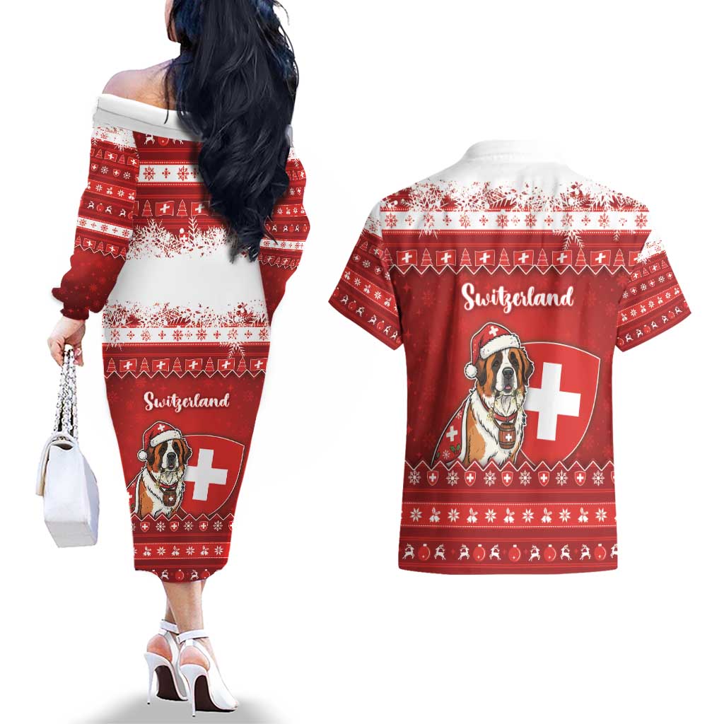 Switzerland Christmas Couples Matching Off The Shoulder Long Sleeve Dress and Hawaiian Shirt Saint Bernard Merry Swissmas - Wonder Print Shop