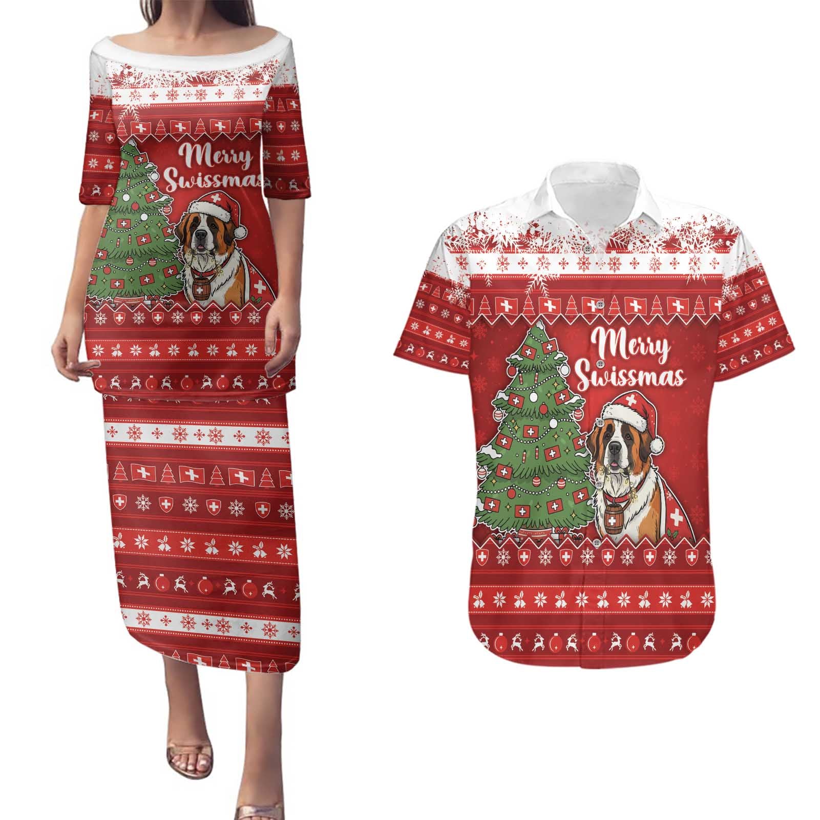 Switzerland Christmas Couples Matching Puletasi and Hawaiian Shirt Saint Bernard Merry Swissmas - Wonder Print Shop