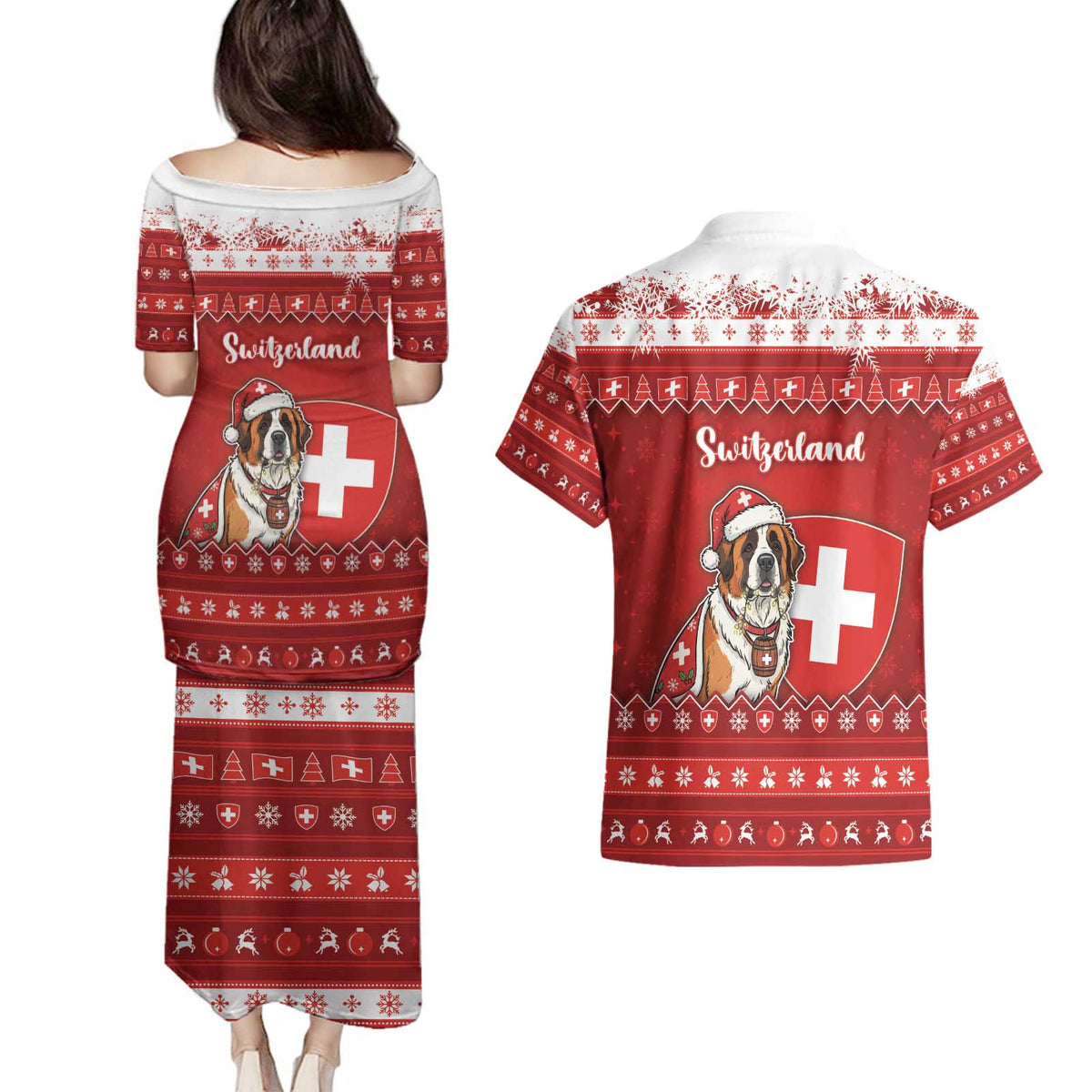 Switzerland Christmas Couples Matching Puletasi and Hawaiian Shirt Saint Bernard Merry Swissmas - Wonder Print Shop