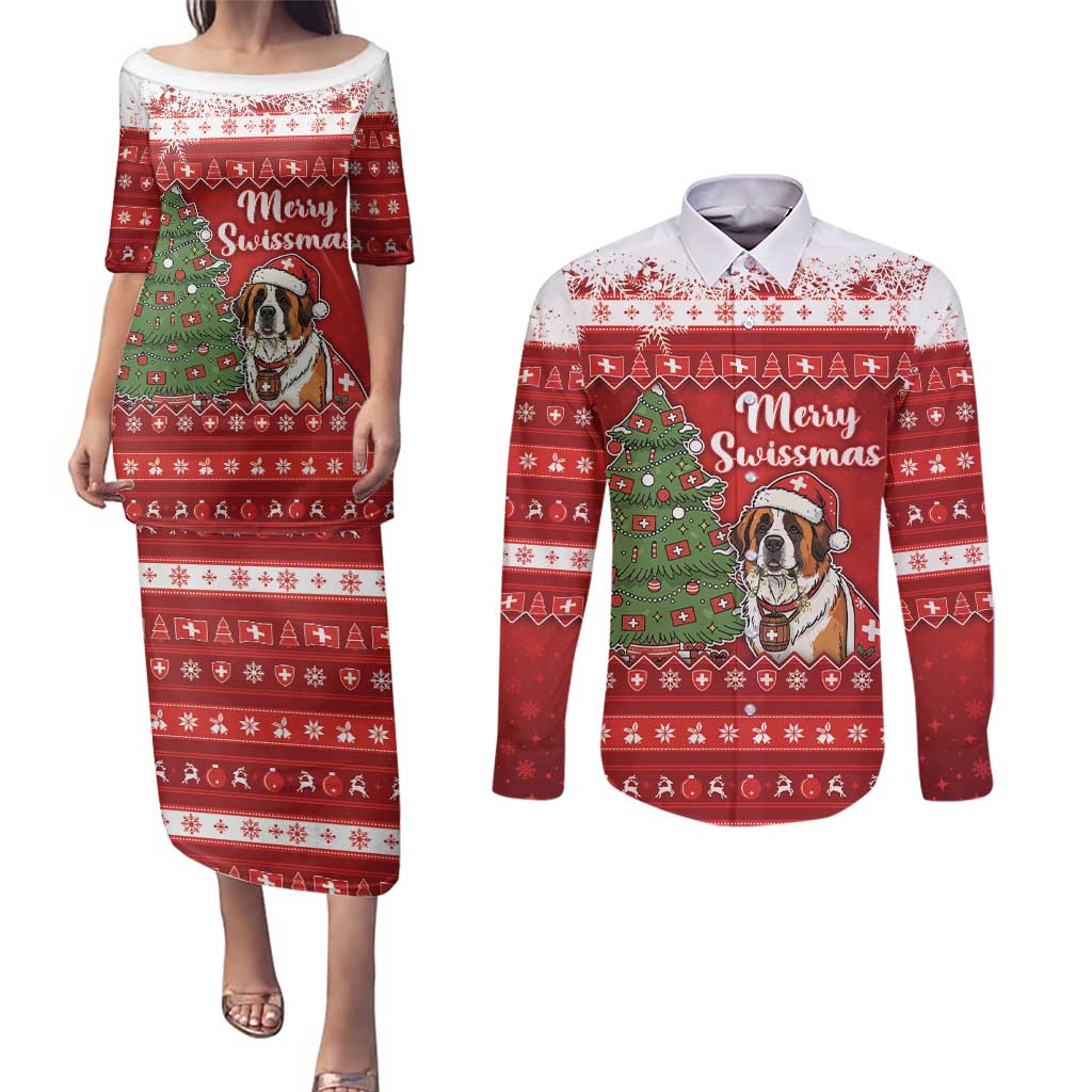 Switzerland Christmas Couples Matching Puletasi and Long Sleeve Button Shirt Saint Bernard Merry Swissmas - Wonder Print Shop