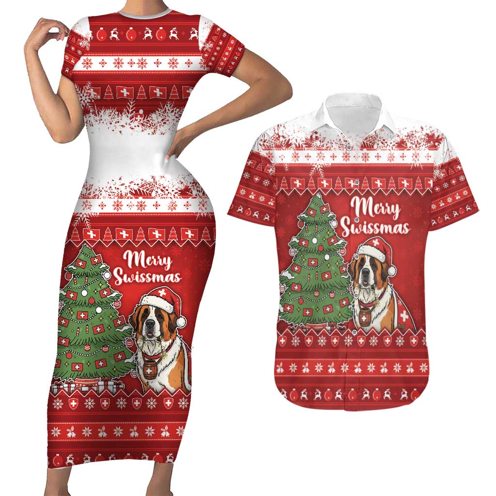 Switzerland Christmas Couples Matching Short Sleeve Bodycon Dress and Hawaiian Shirt Saint Bernard Merry Swissmas - Wonder Print Shop