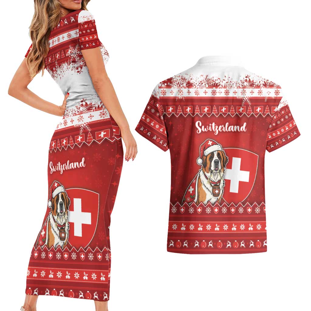 Switzerland Christmas Couples Matching Short Sleeve Bodycon Dress and Hawaiian Shirt Saint Bernard Merry Swissmas - Wonder Print Shop