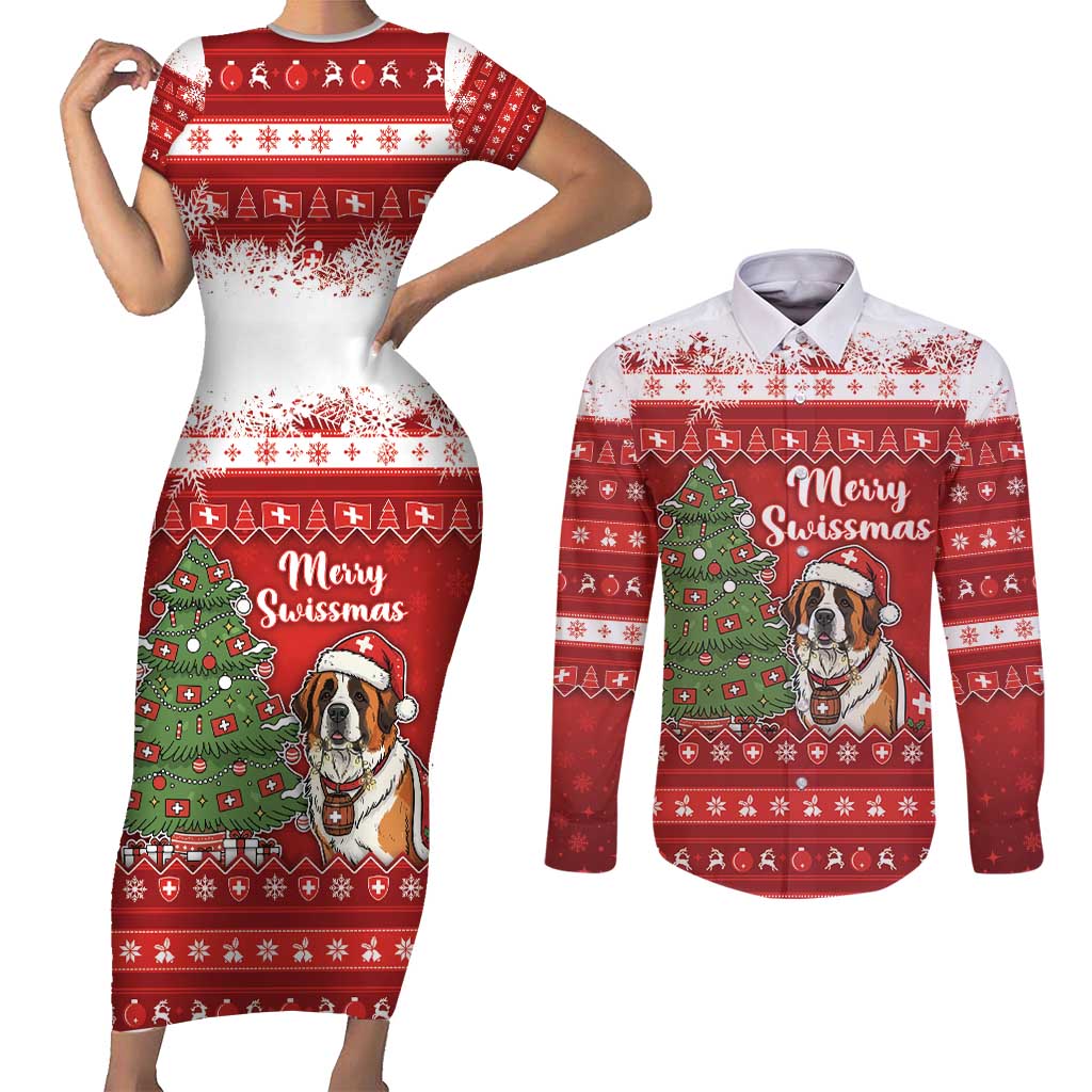 Switzerland Christmas Couples Matching Short Sleeve Bodycon Dress and Long Sleeve Button Shirt Saint Bernard Merry Swissmas - Wonder Print Shop
