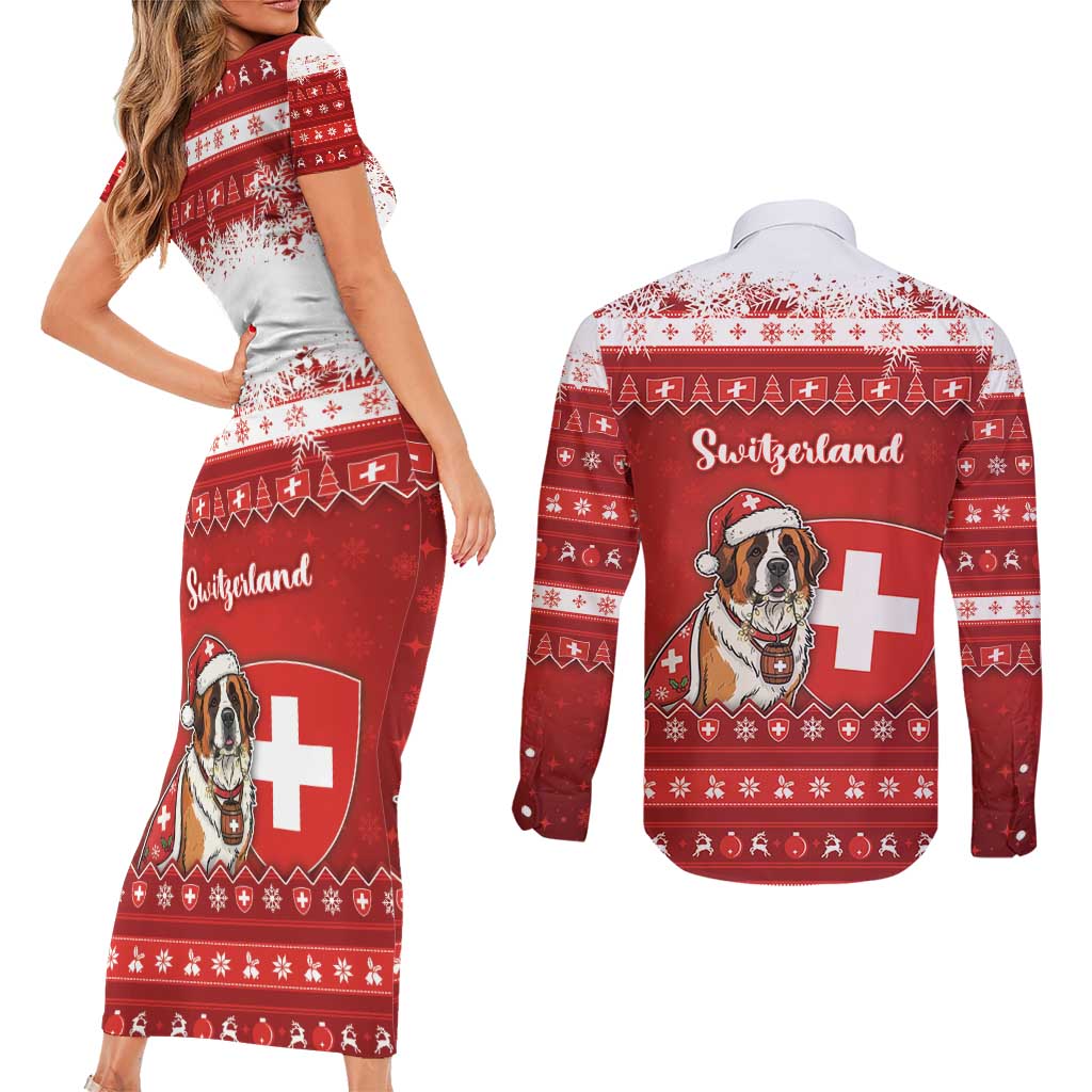 Switzerland Christmas Couples Matching Short Sleeve Bodycon Dress and Long Sleeve Button Shirt Saint Bernard Merry Swissmas - Wonder Print Shop