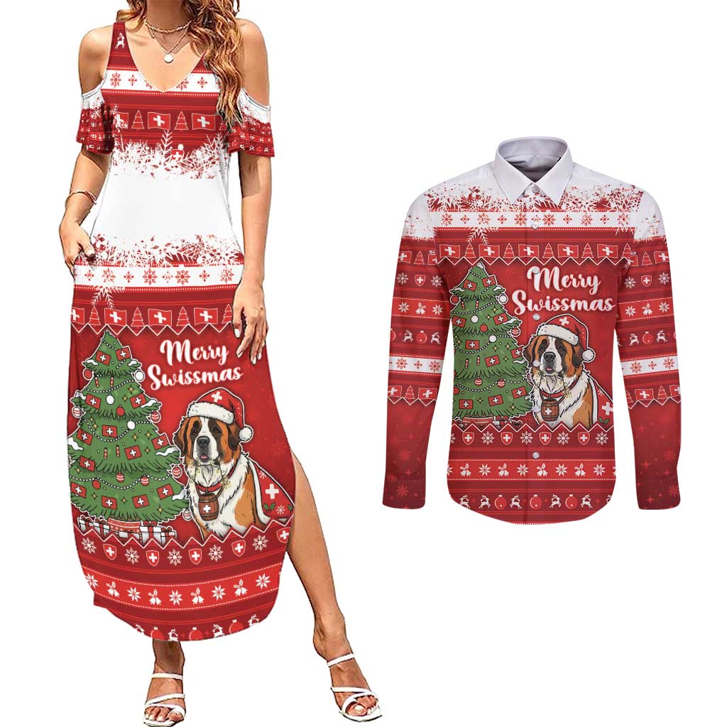 Switzerland Christmas Couples Matching Summer Maxi Dress and Long Sleeve Button Shirt Saint Bernard Merry Swissmas - Wonder Print Shop