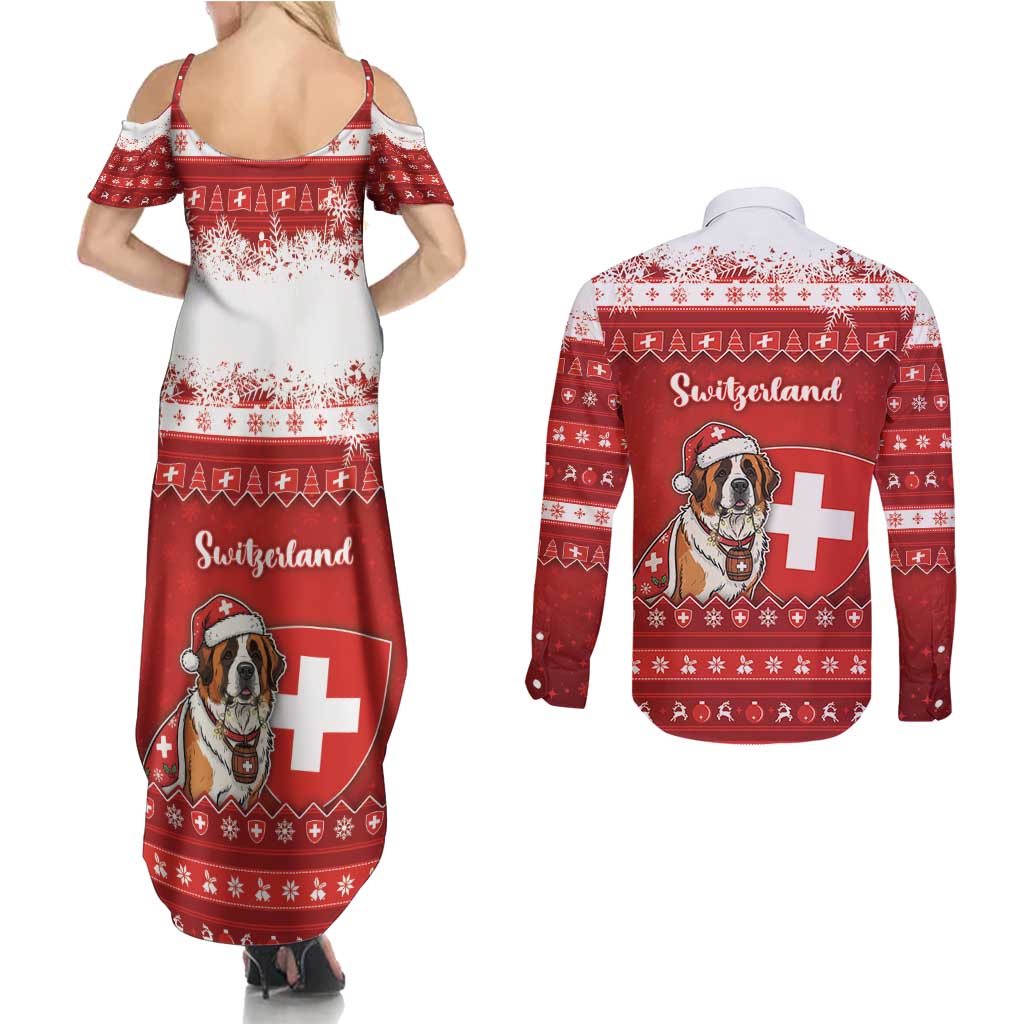 Switzerland Christmas Couples Matching Summer Maxi Dress and Long Sleeve Button Shirt Saint Bernard Merry Swissmas - Wonder Print Shop