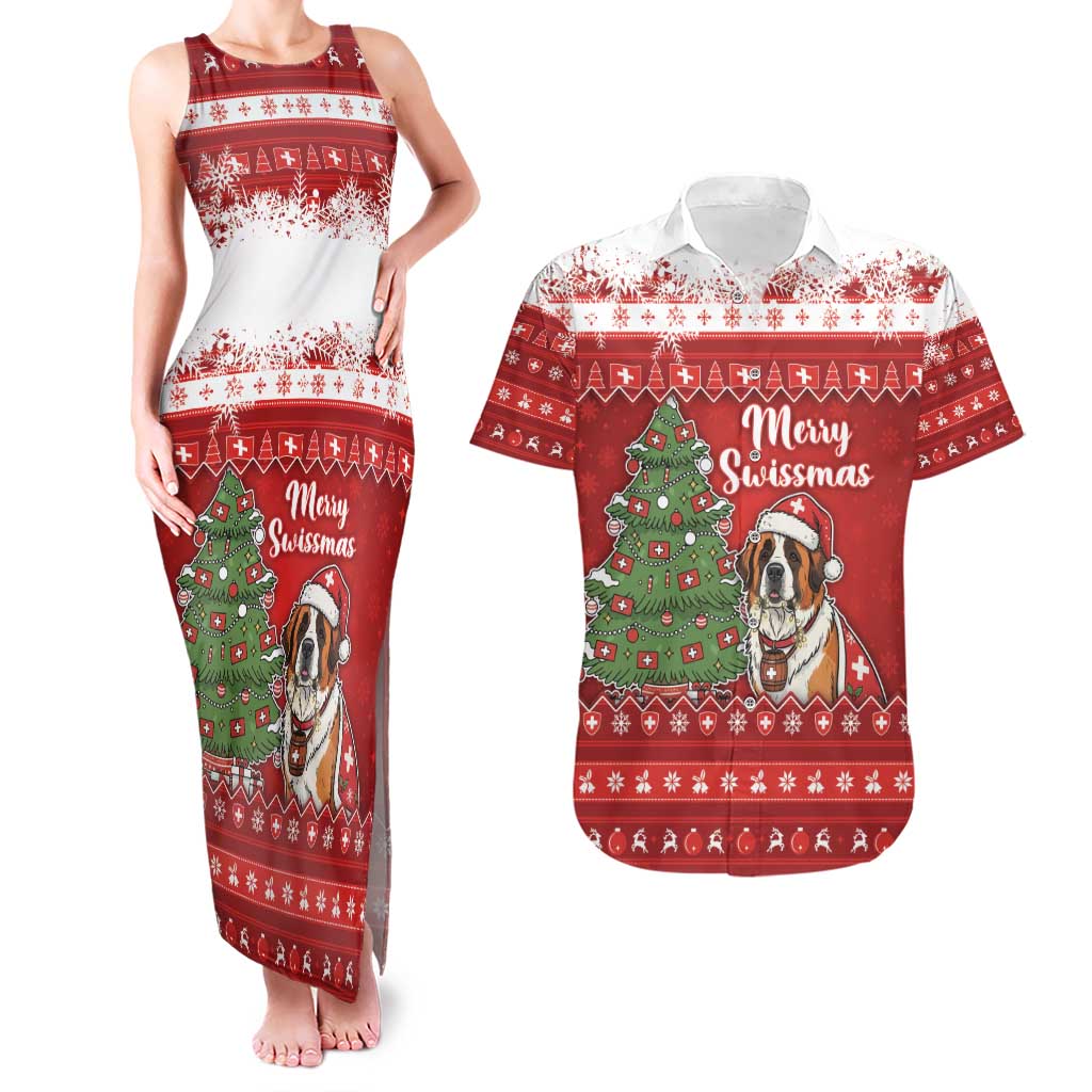 Switzerland Christmas Couples Matching Tank Maxi Dress and Hawaiian Shirt Saint Bernard Merry Swissmas - Wonder Print Shop