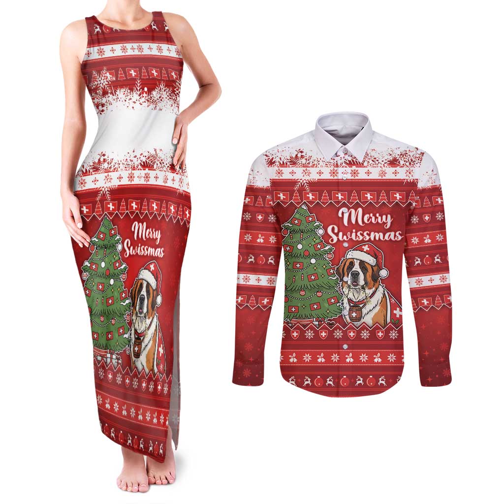 Switzerland Christmas Couples Matching Tank Maxi Dress and Long Sleeve Button Shirt Saint Bernard Merry Swissmas - Wonder Print Shop