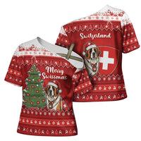 Switzerland Christmas Cross Shoulder Shirt Saint Bernard Merry Swissmas - Wonder Print Shop