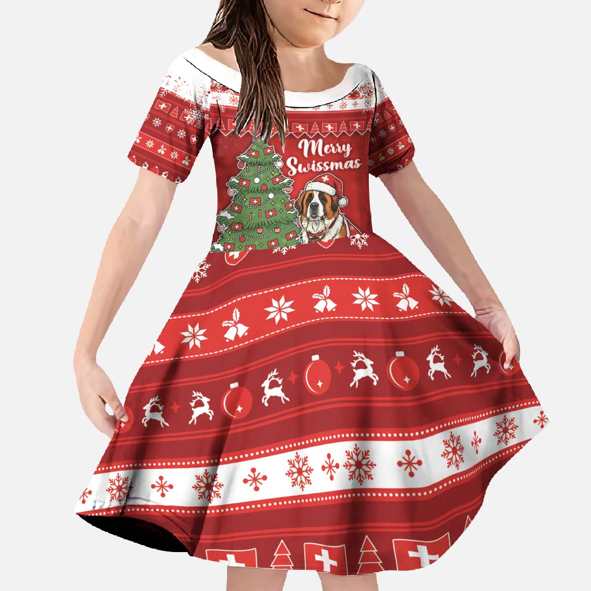 Switzerland Christmas Family Matching Off The Shoulder Long Sleeve Dress and Hawaiian Shirt Saint Bernard Merry Swissmas - Wonder Print Shop