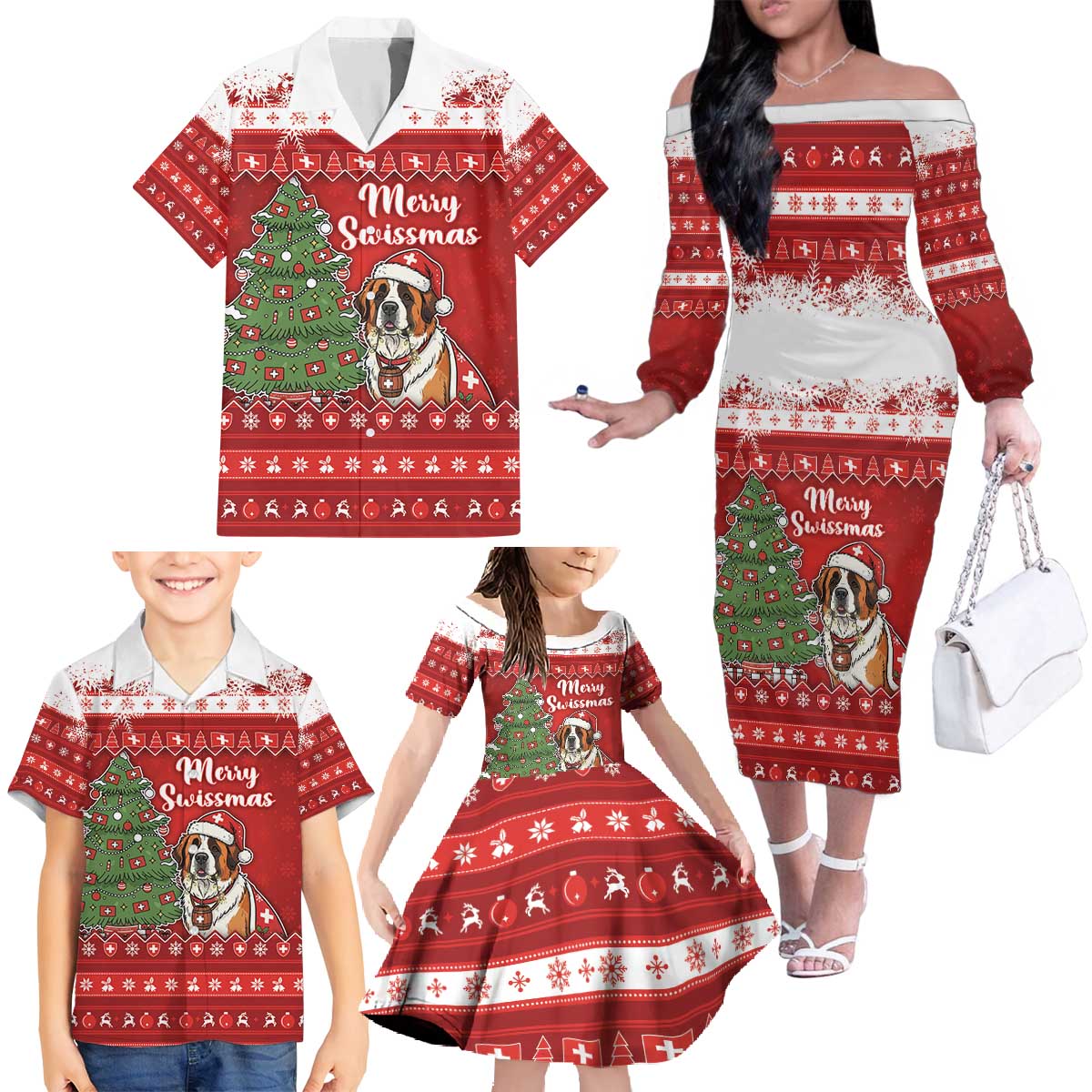 Switzerland Christmas Family Matching Off The Shoulder Long Sleeve Dress and Hawaiian Shirt Saint Bernard Merry Swissmas - Wonder Print Shop