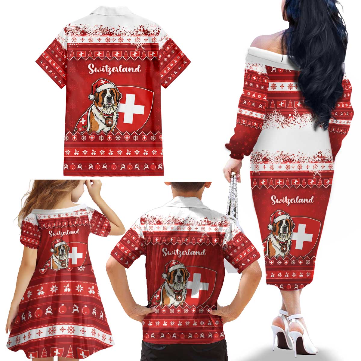 Switzerland Christmas Family Matching Off The Shoulder Long Sleeve Dress and Hawaiian Shirt Saint Bernard Merry Swissmas - Wonder Print Shop