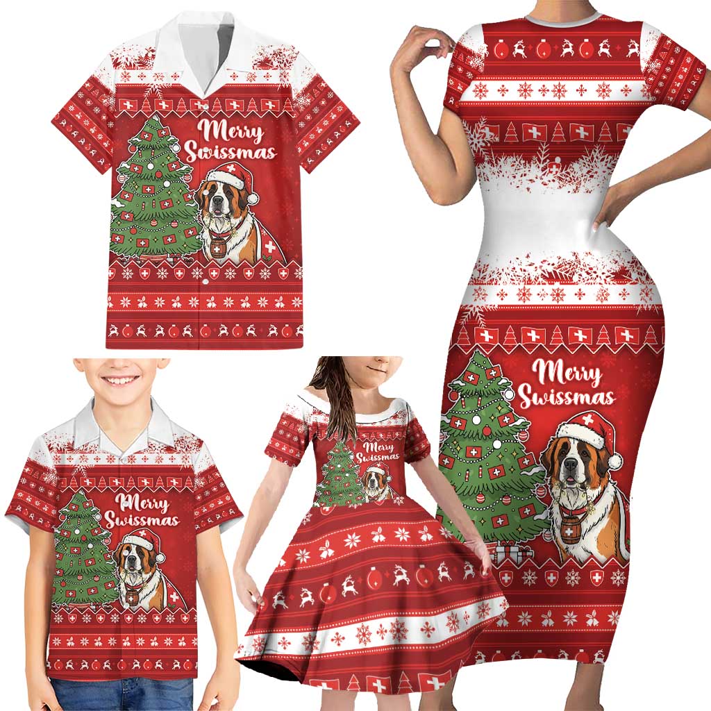 Switzerland Christmas Family Matching Short Sleeve Bodycon Dress and Hawaiian Shirt Saint Bernard Merry Swissmas - Wonder Print Shop