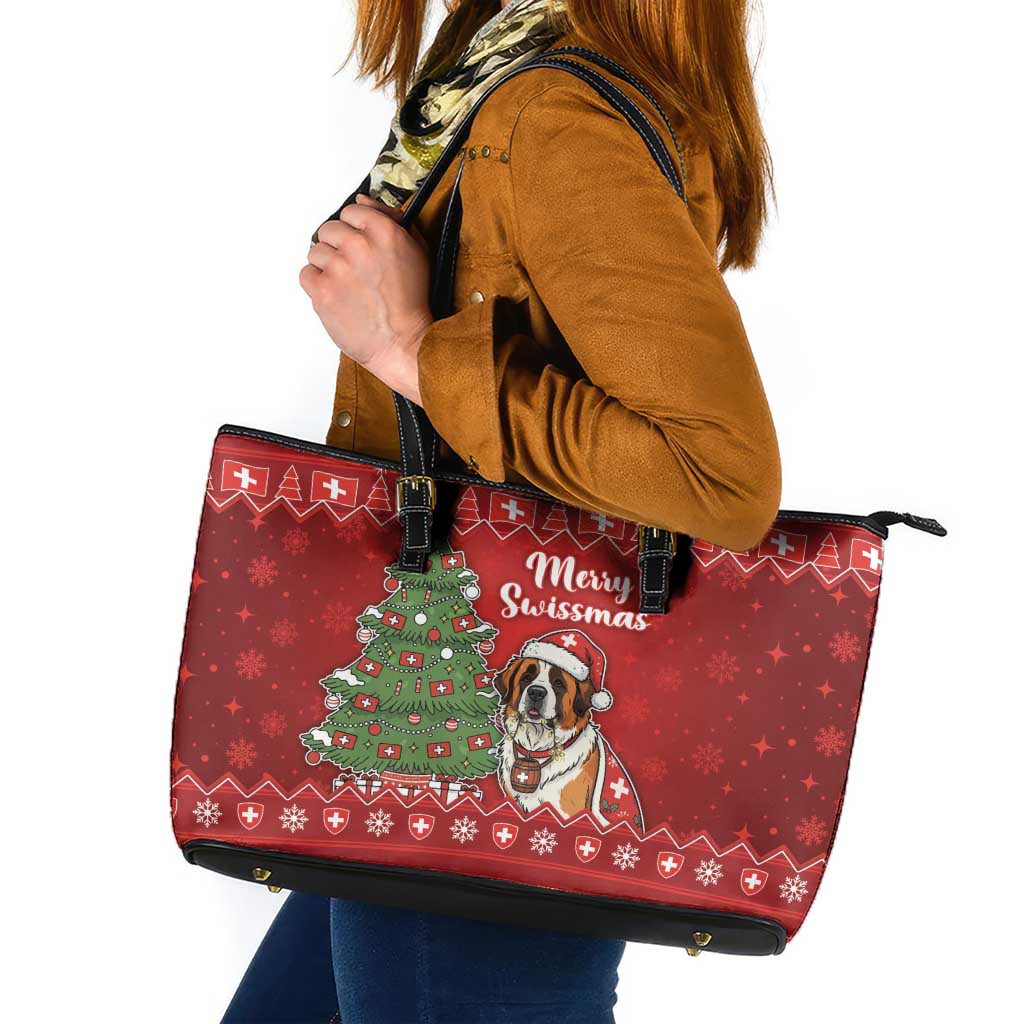 Switzerland Christmas Leather Tote Bag Saint Bernard Merry Swissmas - Wonder Print Shop