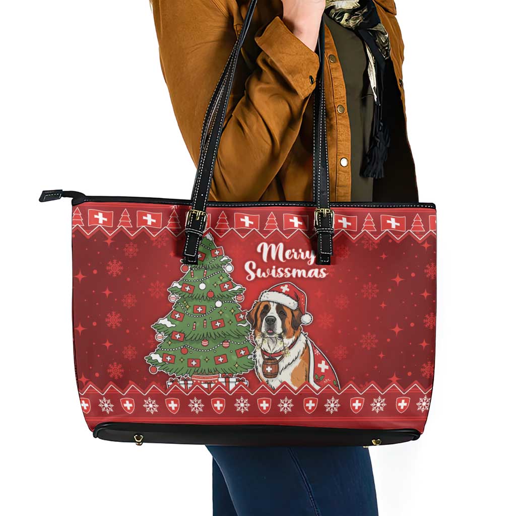 Switzerland Christmas Leather Tote Bag Saint Bernard Merry Swissmas - Wonder Print Shop