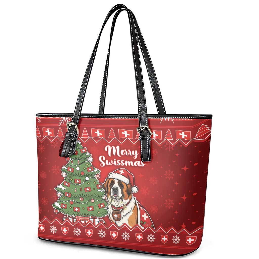 Switzerland Christmas Leather Tote Bag Saint Bernard Merry Swissmas - Wonder Print Shop